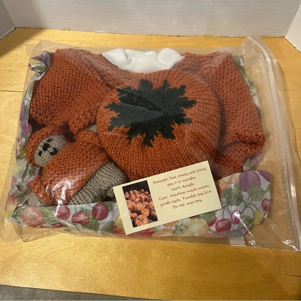 Baby Knit Orange Pumpkin Hat Sweater Bodysuit Set 9-12 Months Photo Prop Outfit